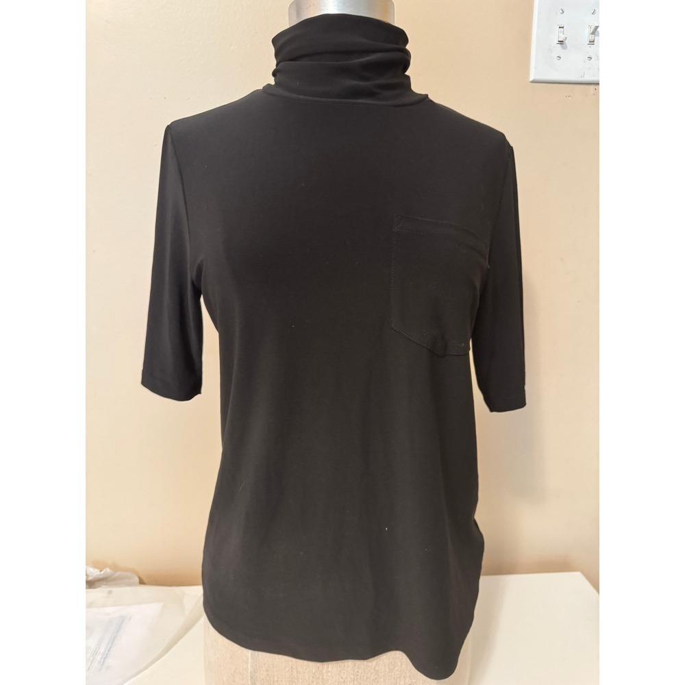 Jones New York Signature Black Turtleneck Short Sleeve Pocket Top Back Zip M